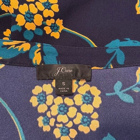 J Crew Navy Blue Yellow Floral Long Sleeve Wrap Blouse Top Small - Picture 8 of 9